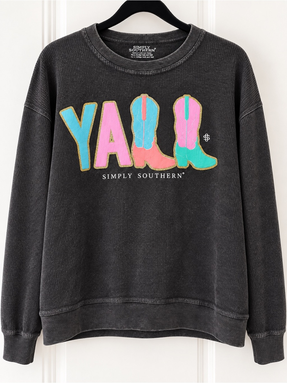 Simply Southern Y’all Cowboy Boots Washed Black Sweatshirt Size M